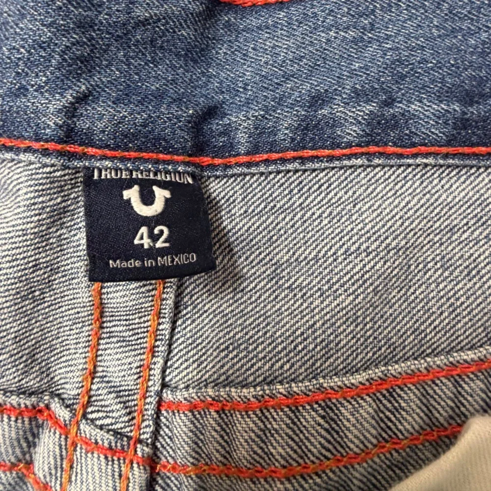 True Religion Mens Geno Distressed Jeans 42 Blue Red Backed Ripped Y2K Flap